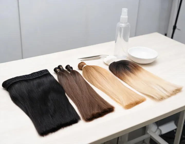 genius weft hair extension supplier on a cosmetics bench, illustration only